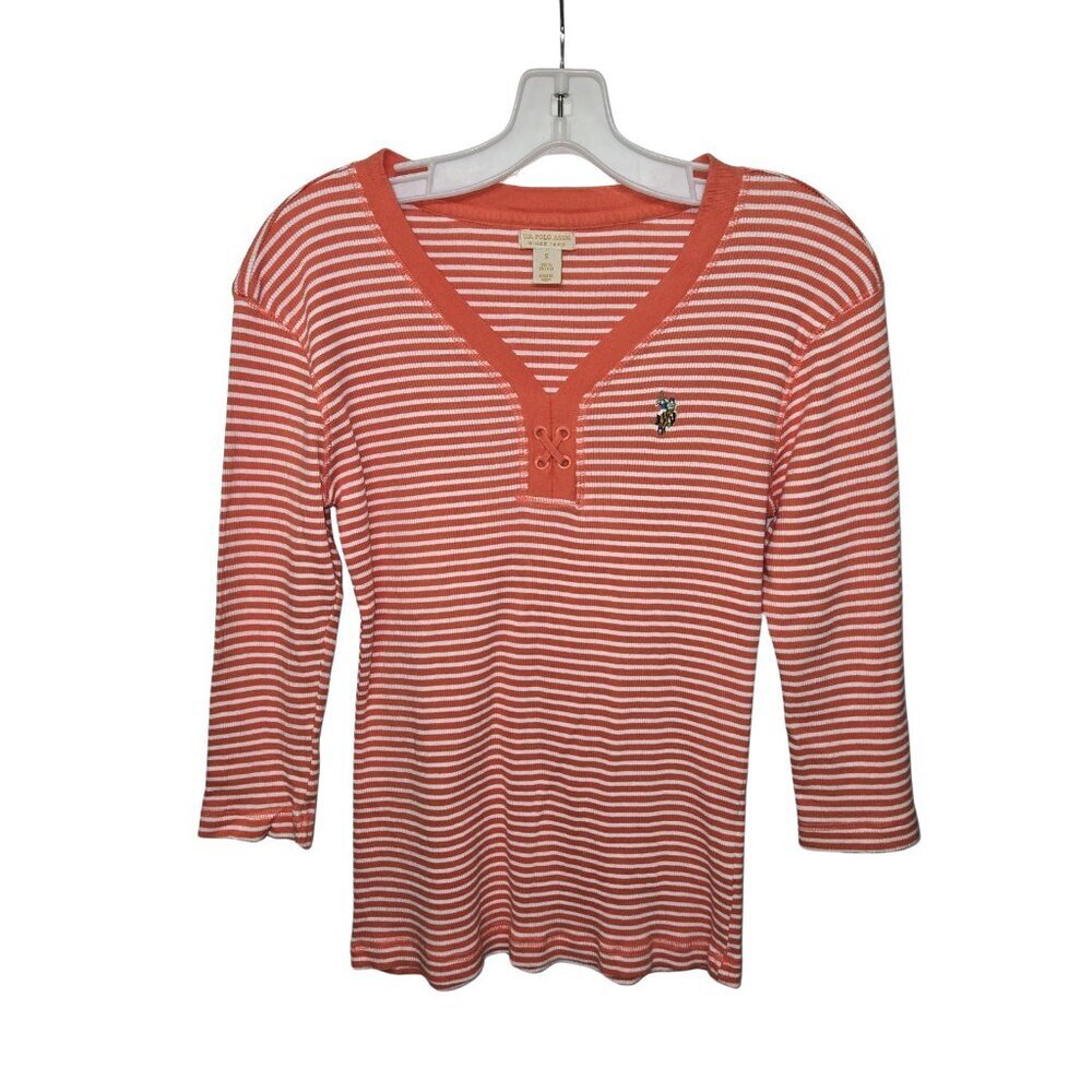 U.S. Polo Assn Y2K Orange White Striped V-Neck Henley Top 3/4 Sleeve Size S